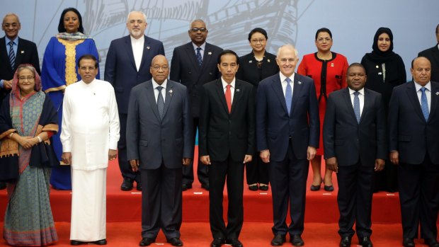 Malcolm Turnbull and Indonesian President Joko Widodo pose with fellow Indian Ocean Rim Association leaders, including representatives  of Yemen and Iran, both subject to the US travel ban.