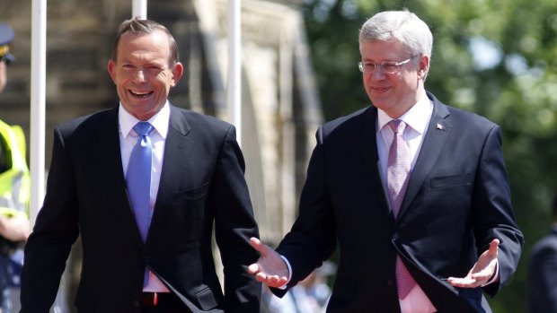 Canadian Prime Minister Stephen Harper and Tony Abbott in Ottawa in June last year.