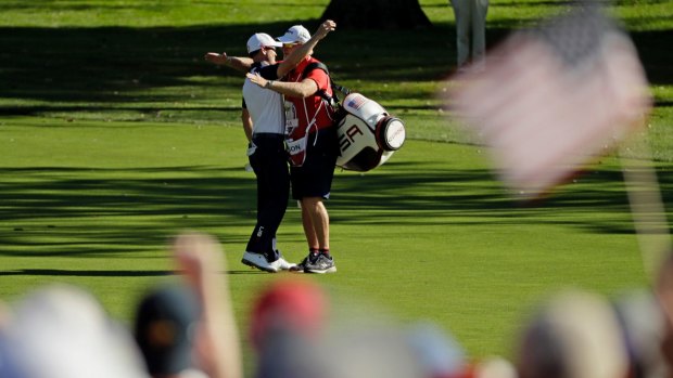 Ryder Cup returns: Zach Johnson celebrates after learning that the US team won.