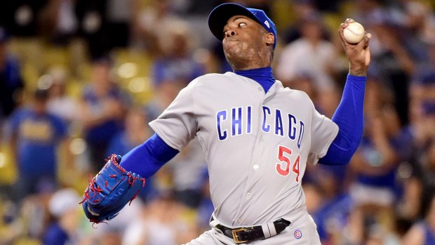 Aroldis Chapman pitches during game 5 against the Dodgers.