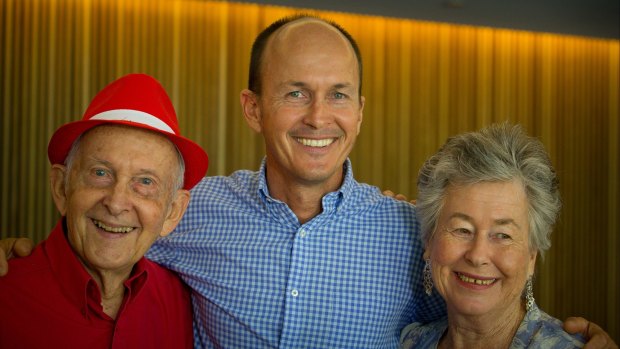Relief: Juris Greste (left), the father of Australian journalist Peter Greste, Peter's brother Andrew (centre) and his mother Lois smile after holding a press conference in Brisbane after Peter was deported from Egypt.