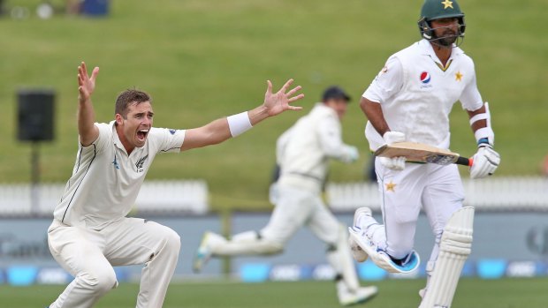 Skittled: Tim Southee of New Zealand played his role in filleting the Pakistan batting order in a single session.