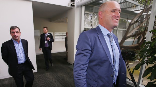 Mark Kavanagh (left) and Danny O'Brien leaving the offices of Racing Victoria after an earlier hearing.