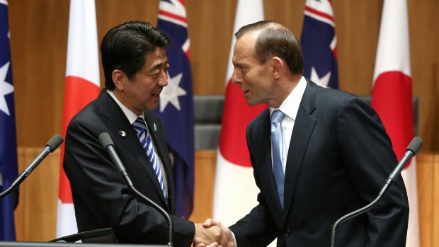 Tony Abbott and Japanese Prime Minister Shinzo Abe in Canberra in July 2014.