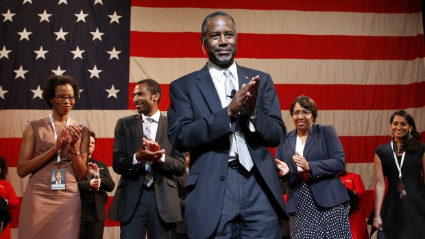 Ben Carson announces his candidacy for president during an official announcement in Detroit, Monday, May 4, 2015. Carson, 63, a retired neurosurgeon, begins the Republican primary as an underdog in a campaign expected to feature several seasoned politicians. (AP Photo/Paul Sancya)