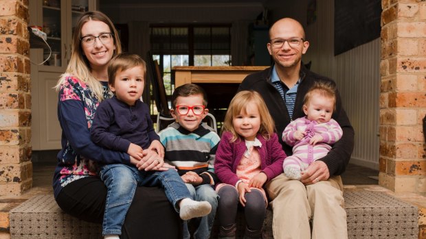 Mistin Arambula recently gave birth to her fourth child at home as part of the ACT government trial. Mistin and Juan with their children Caleb, 2, Gabriel, 5, Eden, 3, and Adelynn Rose Joy 3-months.