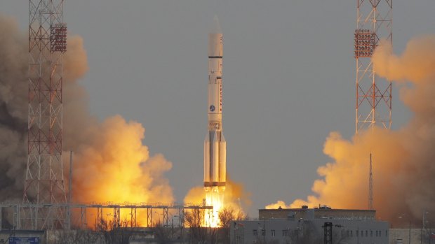 The Proton-M rocket blasts off from the Baikonur cosmodrome in Kazakhstan on Monday.