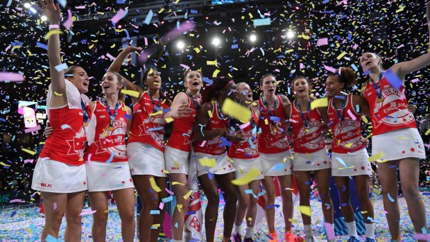 England players after winning the Fast5 Netball World Series final against Jamaica at Hisense Arena in Melbourne.
