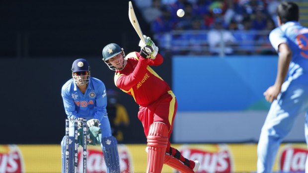 Zimbabwe captain Brendan Taylor hits a boundary during his final innings for Zimbabwe.