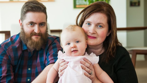 Caitlin Moorhouse with nine-month-old Violet and husband David was diagnosed with stage 4 bowel and liver cancer after Violet was born.