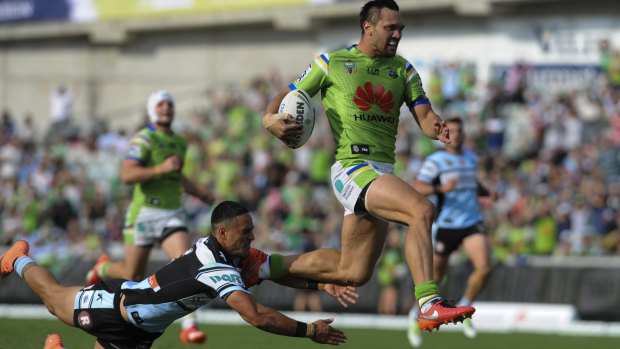 Canberra Raiders winger Jordan Rapana on his way to the tryline.