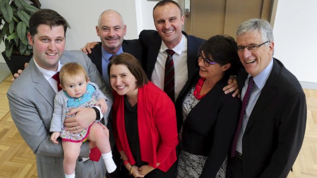 Andrew Barr pictured with partner Anthony Toms, brother and sister in law Iain and Natalie Barr with their daughter Zoe and Andrew’s parents Susan and James Barr. 