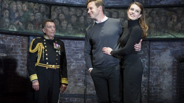 Robert Powell (left) as Prince Charles, Ben Righton as Prince William and Jennifer Bryden as Catherine in King Charles III. 