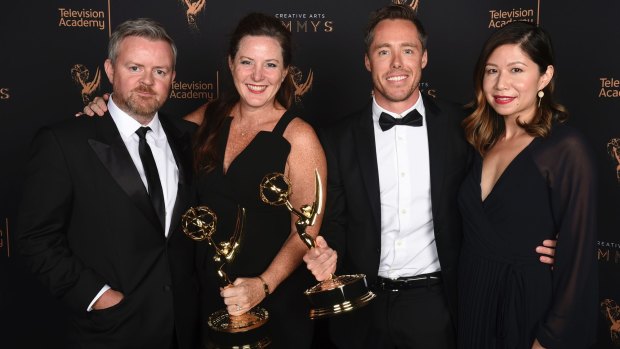 Brian Carmody, Allison Kunzman, John McKelvey and Kristine Ling with the Creative Arts Emmy Award for outstanding commercial.