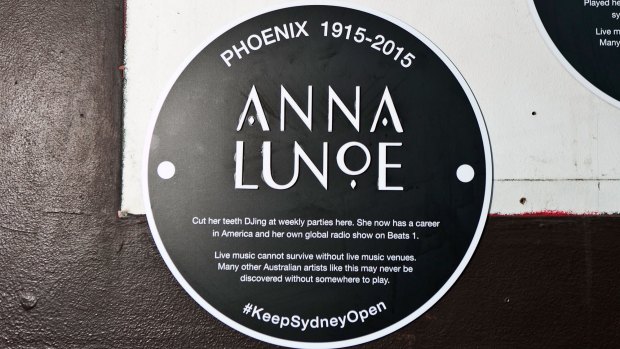 Memorial plaque outside the old Phoenix nightclub, where artist Anna Lunoe had a DJ residency. 