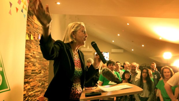 Greens senator Lee Rhiannon addresses the crowd at a Sydney University event.