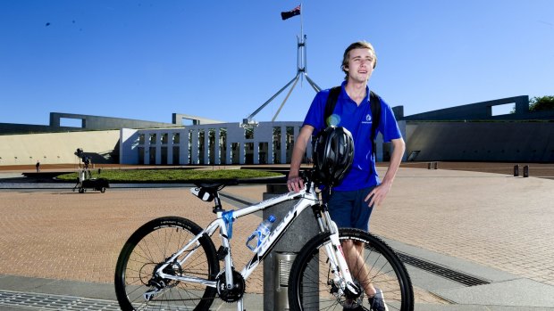 Stroke survivor Luke Webb of Sydney, rode his pushbike from Goulburn to Parliament House.
