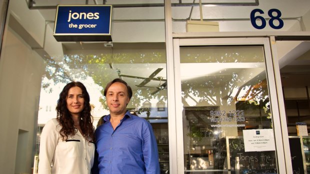 John Manos and Esther Iachelini in 2012, out the front of Jones the Grocer in Woollahra.
