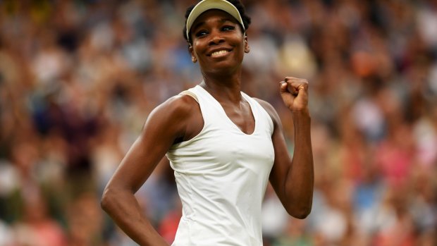 Thrilled: Venus Williams celebrates her win over Jelena Ostapenko at Wimbledon.