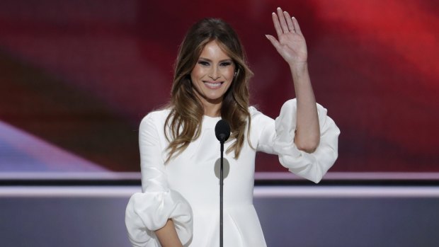 Melania Trump waves after her now-infamous speech at the Republican National Convention.