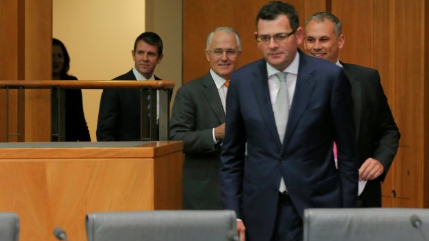 Premier of Victoria Daniel Andrews, walks out ahead of NT Chief Minister Adam Giles, Prime Minister Malcolm Turnbull, NSW Premier Mike Baird and Queensland Premier Annastacia Palaszczuk on Friday.