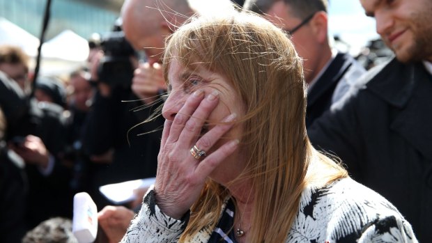 Margaret Aspinall of the Hillsborough Family Support Group shows her emotion as she departs Birchwood Park.