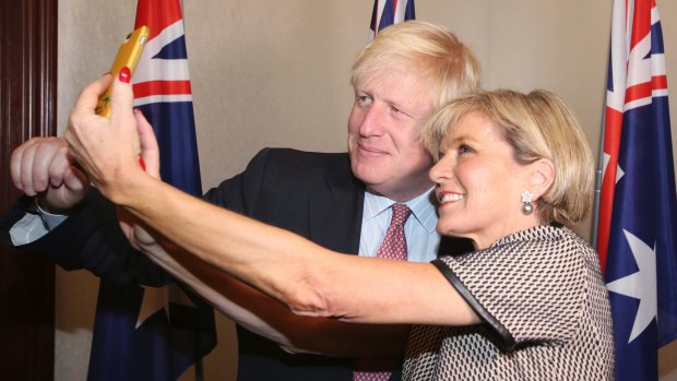 British Foreign Secretary Boris Johnson has a selfie with  Foreign Minister Julie Bishop ahead of their bilateral meeting in Sydney.