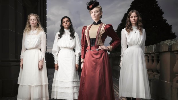 In Picnic at Hanging Rock, at right, with Samara Weaving, Madeleine Madden and Natalie Dormer.