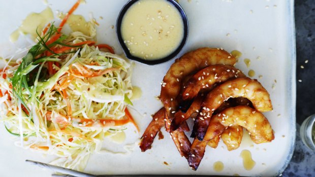 Red-miso king prawns with slaw.
