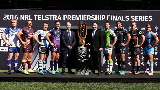 It's play-off time: James Graham, Corey Parker, Paul Gallen, Cameron Smith, NRL CEO Todd Greenberg, NSW Minister for Trade, Tourism and Major Events Stuart Ayres, Jarrod Croker, Jason Taumalolo, Matt Moylan and Nathan Friend.