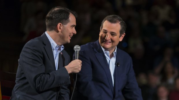 Ted Cruz, right, with Wisconsin governor Scott Walker in Madison, Wisconsin, on Monday. 