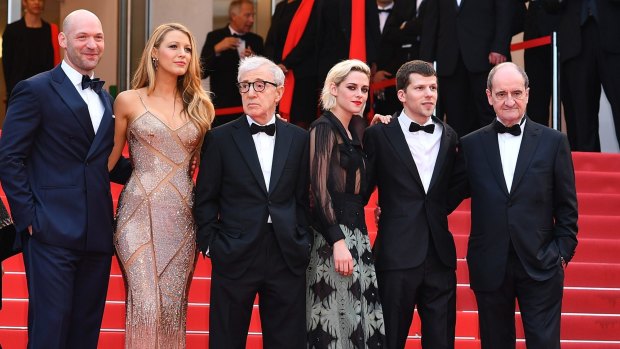 Cast members Corey Stoll, Blake Lively, Kristen Steward, Jesse Eisenberg, director Woody Allen and Cannes Film Festival president Pierre Lescure at the Cafe Society premiere.