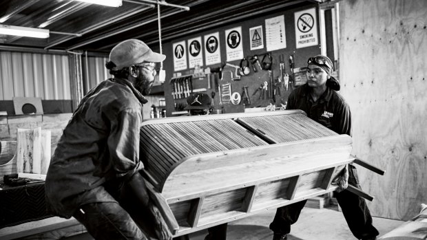 Milingimbi Island craftsmen Sean Mandaway and Josiah Baker at the Manapan factory.