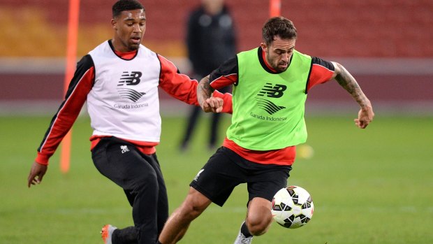 Danny Ings in action during a Liverpool FC training session at Suncorp Stadium.