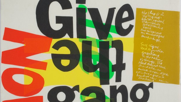 <i>(Give the gang) the clue is in the signs</i>, 1966 screenprint by Sister Corita Kent.