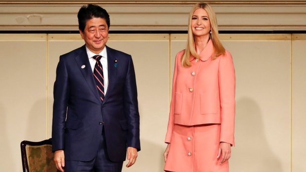 Ivanka Trump, right, adviser to and daughter of US President Donald Trump, and Japanese Prime Minister Shinzo Abe attend a meeting of the World Assembly for Women in Tokyo.