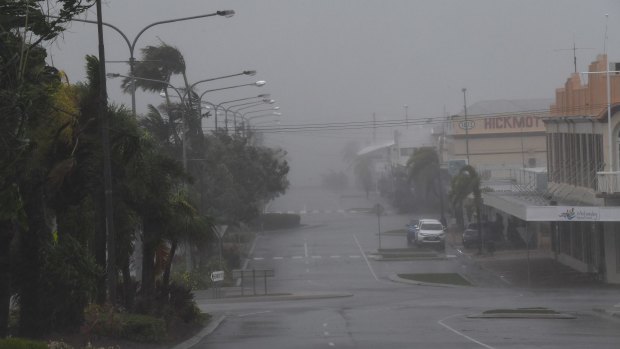 Bowen is pummelled by the wind and rain as Cyclone Debbie nears the north Queensland town.