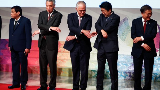 'We're not Asian and shouldn't try to be': President of Philippines Rodrigo Duterte, Prime Minister of Singapore Lee Hsien Loong, Australian Prime Minister Malcolm Turnbull, Japanese Prime Minister Shinzo Abe and Republic of Korea President Moon Jae-in during the East Asia Summit "family photo".
