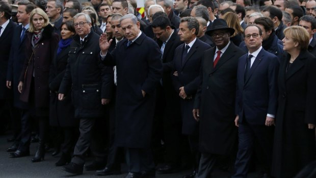 World leaders in the streets of Paris following the Charlie Hebdo massacre in January.