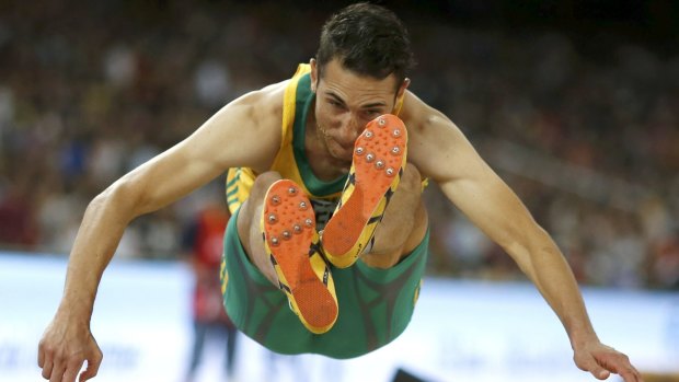 Long jumper Fabrice Lapierre of Australian on his way to a silver medal at the World Athletics Championships.