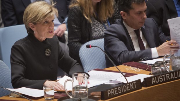 In the hot seat: Foreign Affairs Minister Julie Bishop speaks during a meeting of the UN Security Council in New York on Wednesday.
