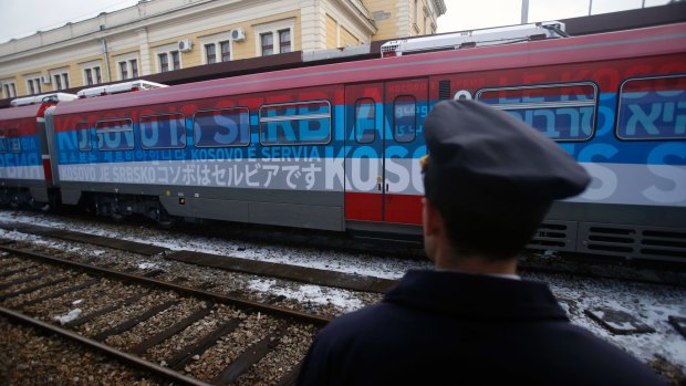 The first train decorated with letters that read "Kosovo is Serbian" written in 20 languages departing from Belgrade for Mitrovica on January 14. 