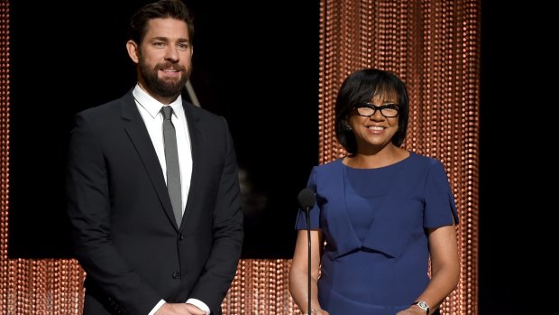 Academy of Motion Picture Arts and Sciences president Cheryl Boone Isaacs (right) announces the Oscar nominees with actor John Krasinski.