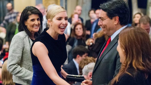 Ivanka Trump greets patrons at the show as the US Ambassador to the UN Nikki Haley, left, looks on.