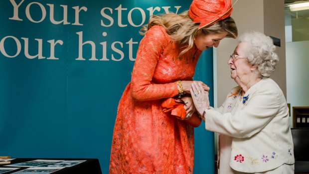 Queen Maxima of the Netherlands met Canberra lace-maker Petronella Wensing, 92, at the National Archives of Australia on Thursday. Mrs Wensing migrated to Australia from Holland in 1953. Her son Ed was born on the first day she spent in Australia. Her daughter, Veronica, stood for the Greens at the ACT election.
