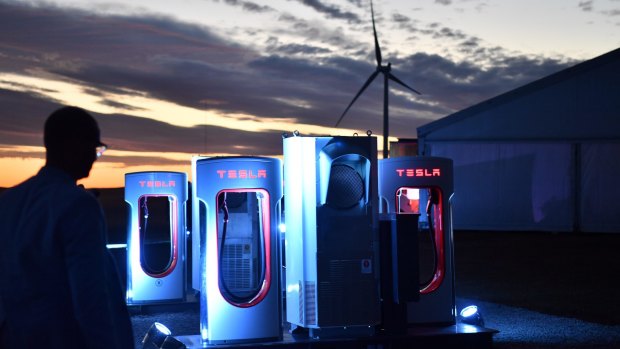 A Tesla car charging station is at South Australia's wind and solar battery plant outside of Jamestown.