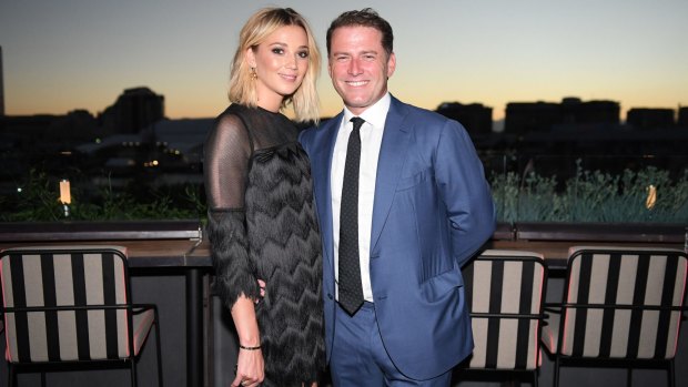 Karl Stefanovic and Jasmine Yarbrough at Harper's Bazaar Australia's 20th anniversary edition party on Tuesday night at Matt Moran's Smoke rooftop bar in Barangaroo.