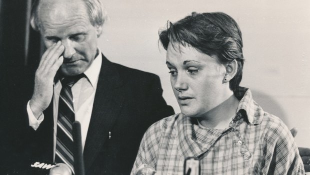 Kylie Maybury's mother Julie and her grandfather, John Moss, at a press conference in November 1984.
