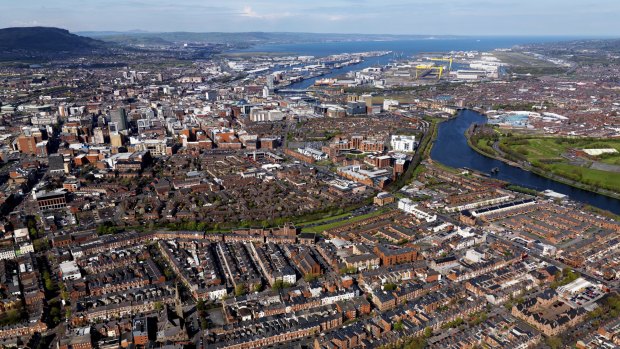 Aerial view over Belfast, Northern Ireland.