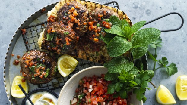 Lamb and capsicum burgers on Turkish tomatoes.